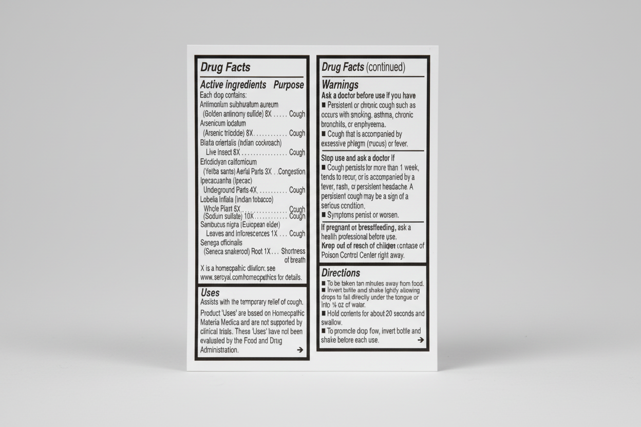Drug facts label for a cough syrup with detailed ingredients, warnings, and directions.