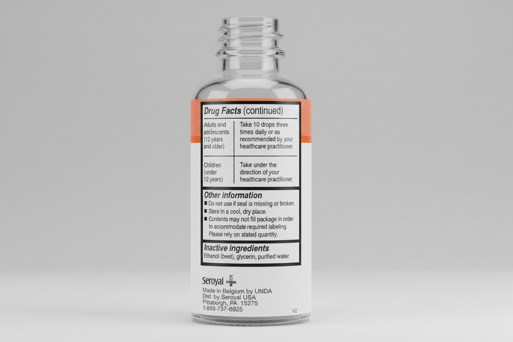 Drug facts label for a medication with text and branding details.