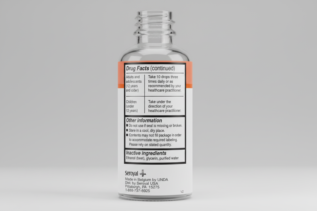 Drug facts label for a medication with text and branding details.