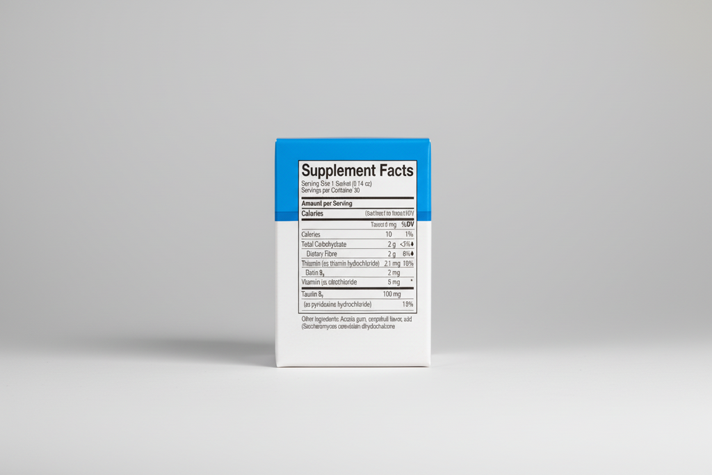 Supplement facts label on a blue and white container