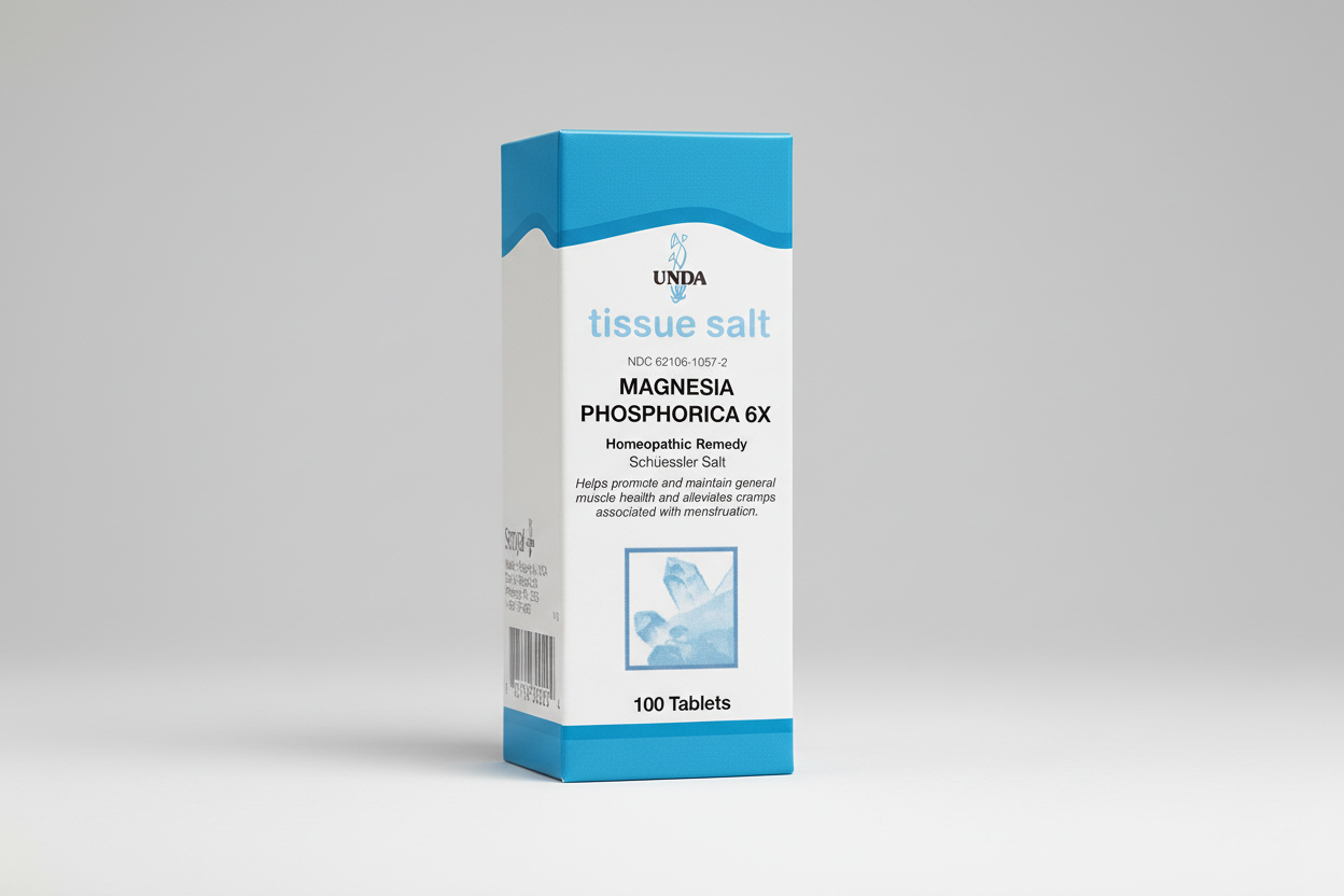 Box of UNDA Magnesia Phosphorica 6X tissue salt on a white background