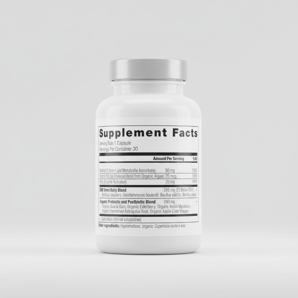 Supplement facts label with detailed nutritional information on a white background