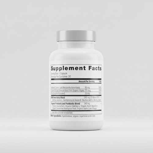 Supplement facts label with detailed nutritional information on a white background