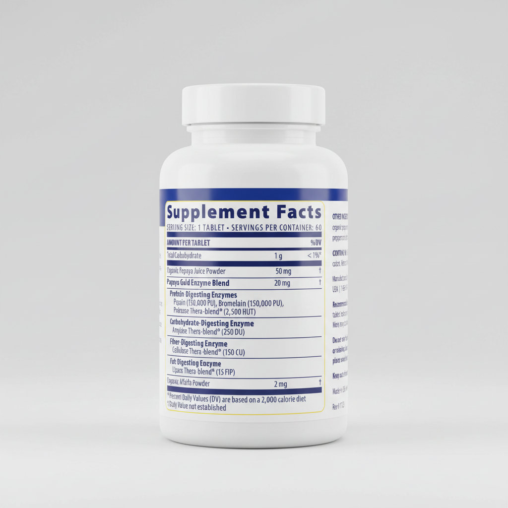 Supplement label with detailed ingredient list and instructions on a white background