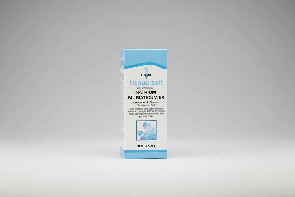 Box of UNDA Natrium Muriaticum 6X tissue salt with blue and white design.