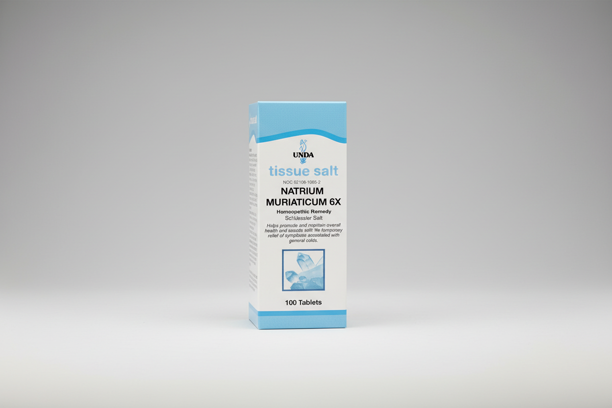 Box of UNDA Natrium Muriaticum 6X tissue salt with blue and white design.