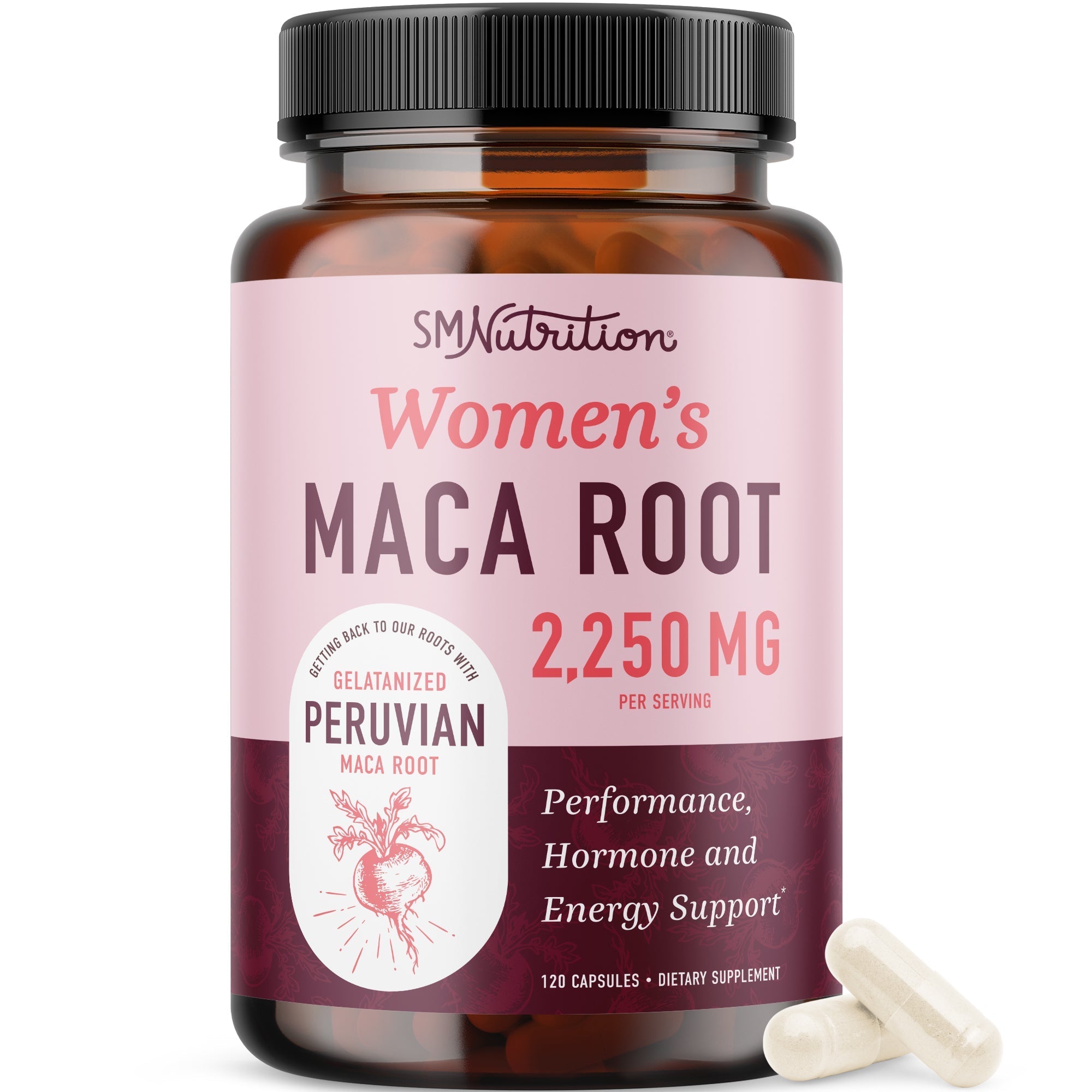 SMNutrition Organic Maca Root 2250 mg 120 Capsules official front label