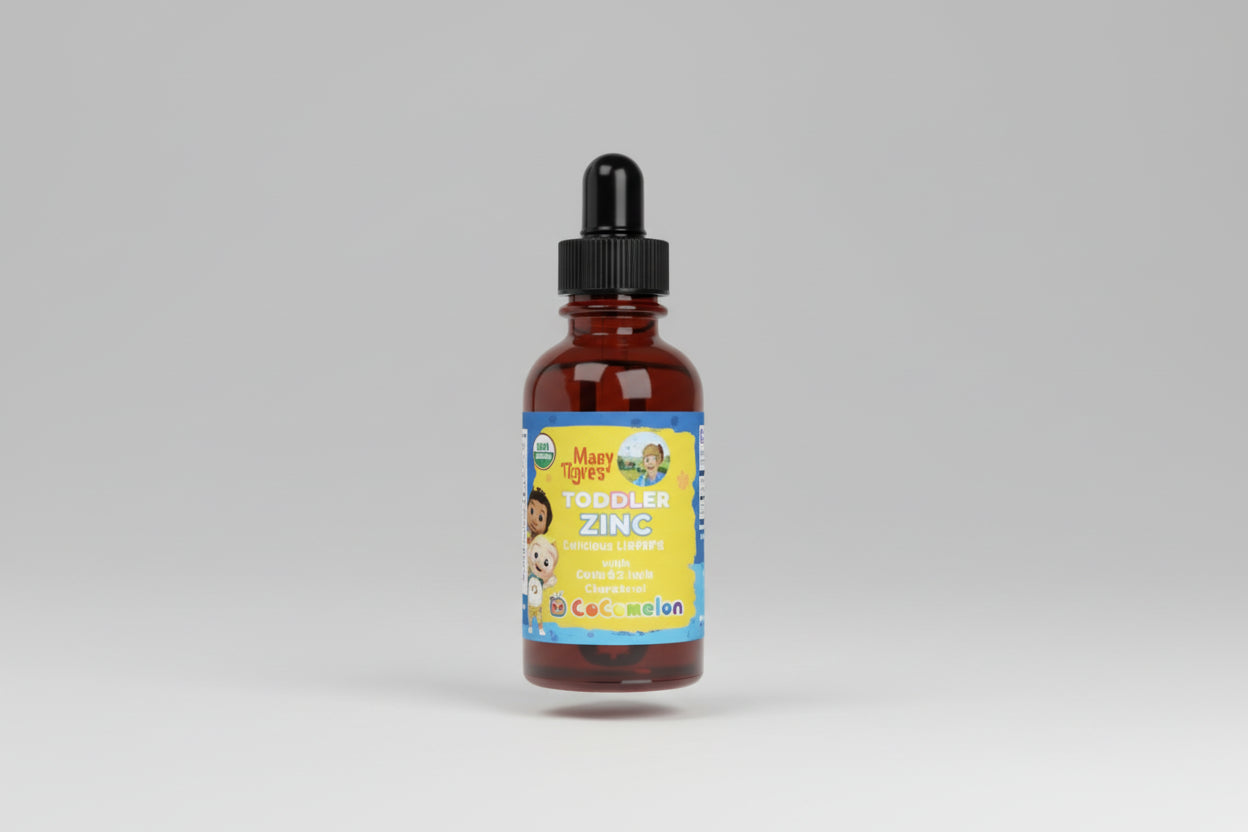 CoComelon Organic Toddler Zinc Drops with a child and product on a blue background