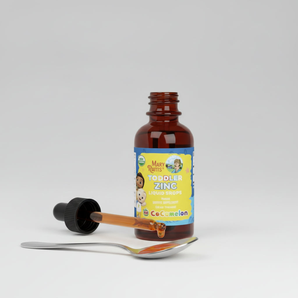 Bottle of Mary Rook's Toddler Zinc with CoComelon branding on a blue field background