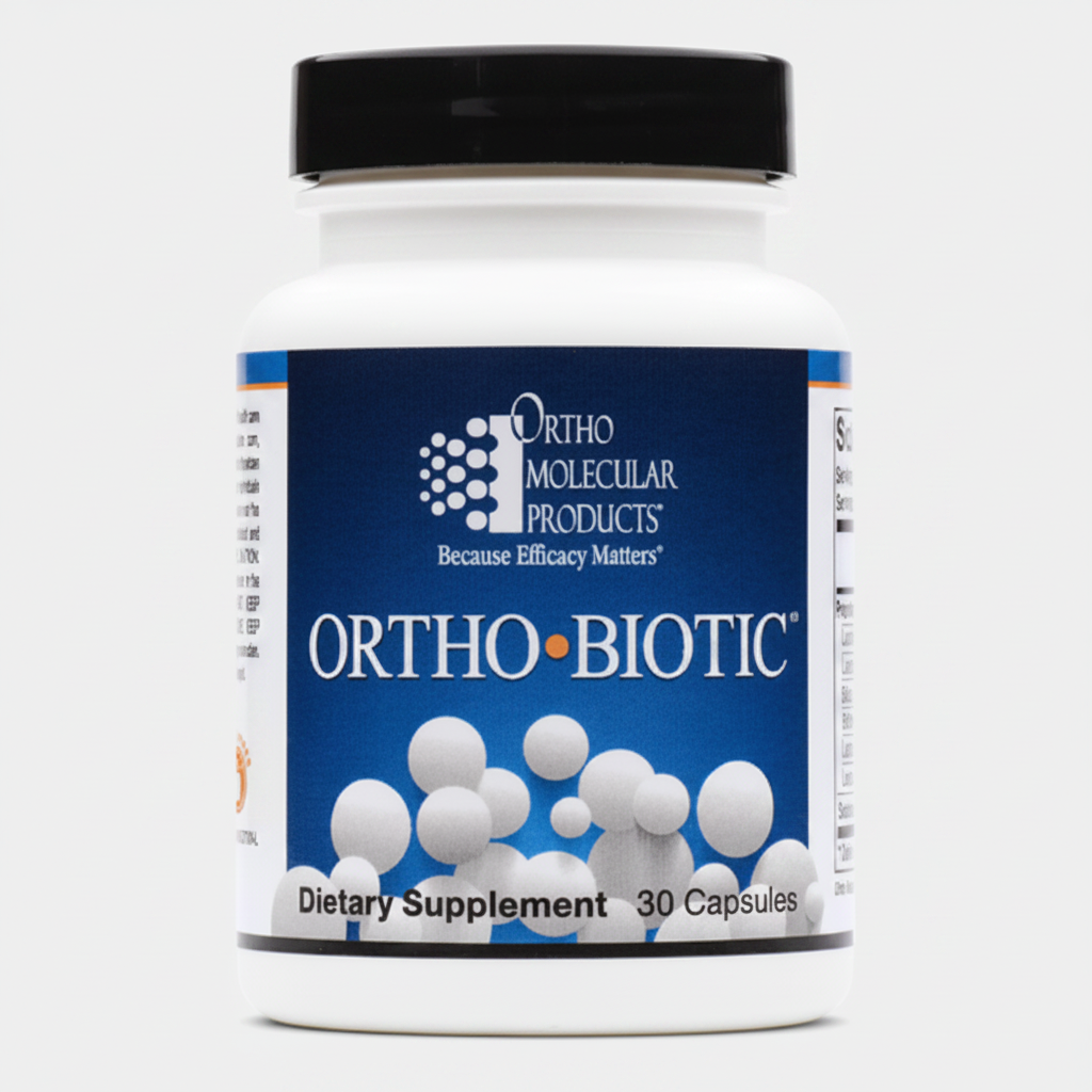 Ortho-Biotic dietary supplement container with Ortho Molecular Products label on a white background