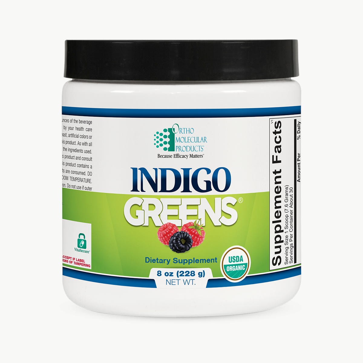 Ortho Molecular Products Indigo Greens Powder 30 Servings official uniform front v5 1200x1200