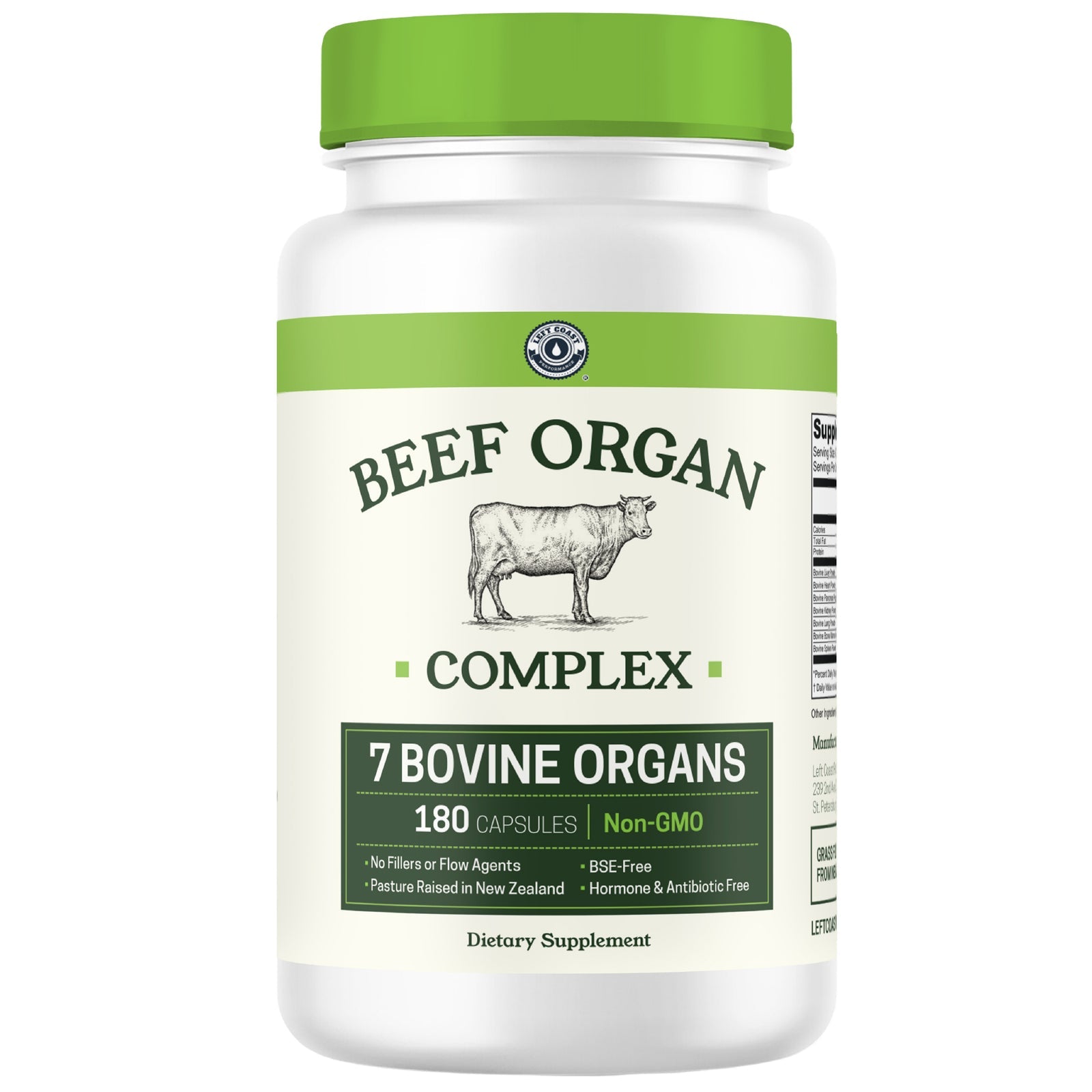 Left Coast Performance Beef Organ Complex 180 capsules front label