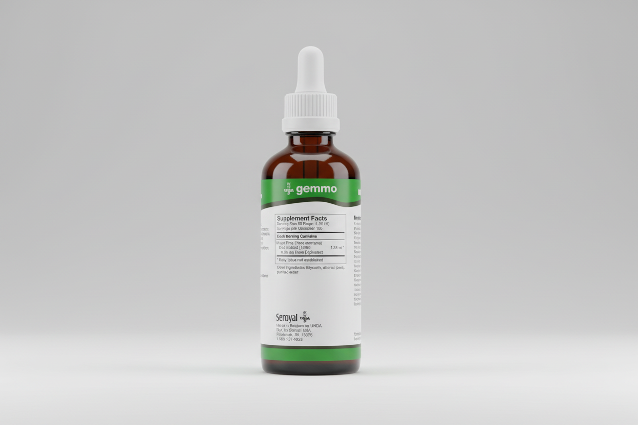 Supplement facts label for gemmo product by Seroyal with UNDA branding.