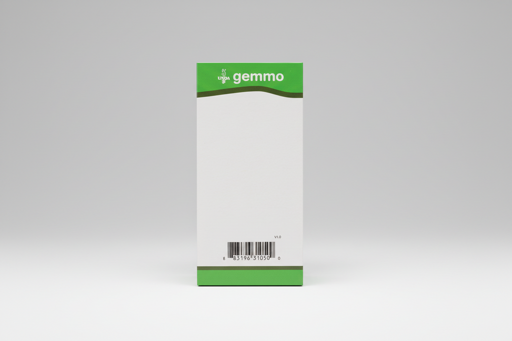 Gemma packaging with green border and barcode on a white background