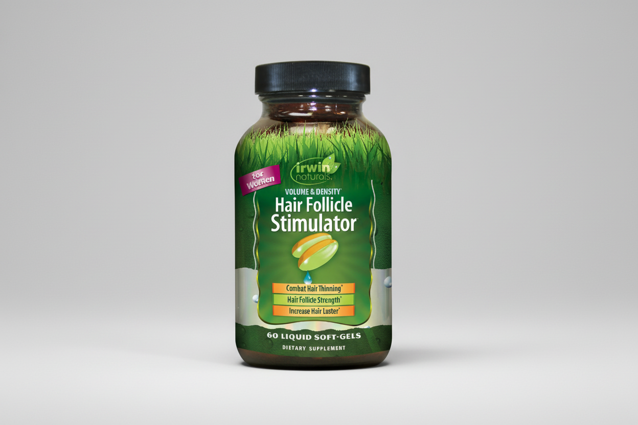 Supplement bottle labeled 'Hair Follicle Stimulator' with green label and black cap on white background