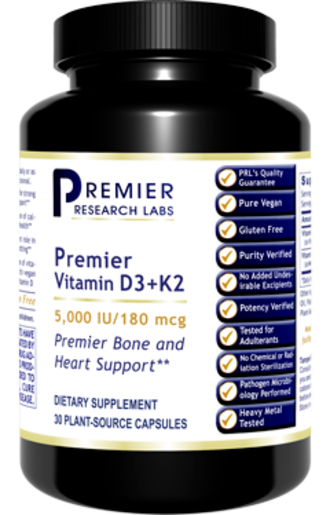 Premier Research Labs Vitamin D3 + K2 30 Capsules bottle front