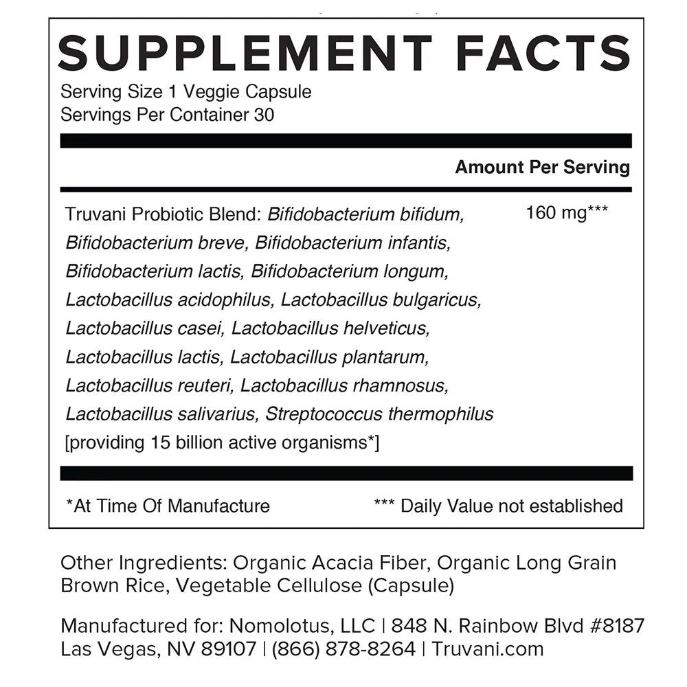 Truvani Probiotic With 15 Diverse Strains 30 Capsules
