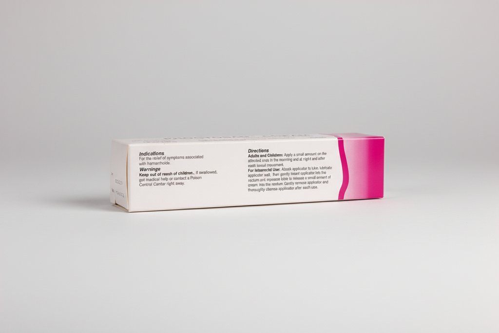 Rectangular medical product packaging with text on a white background