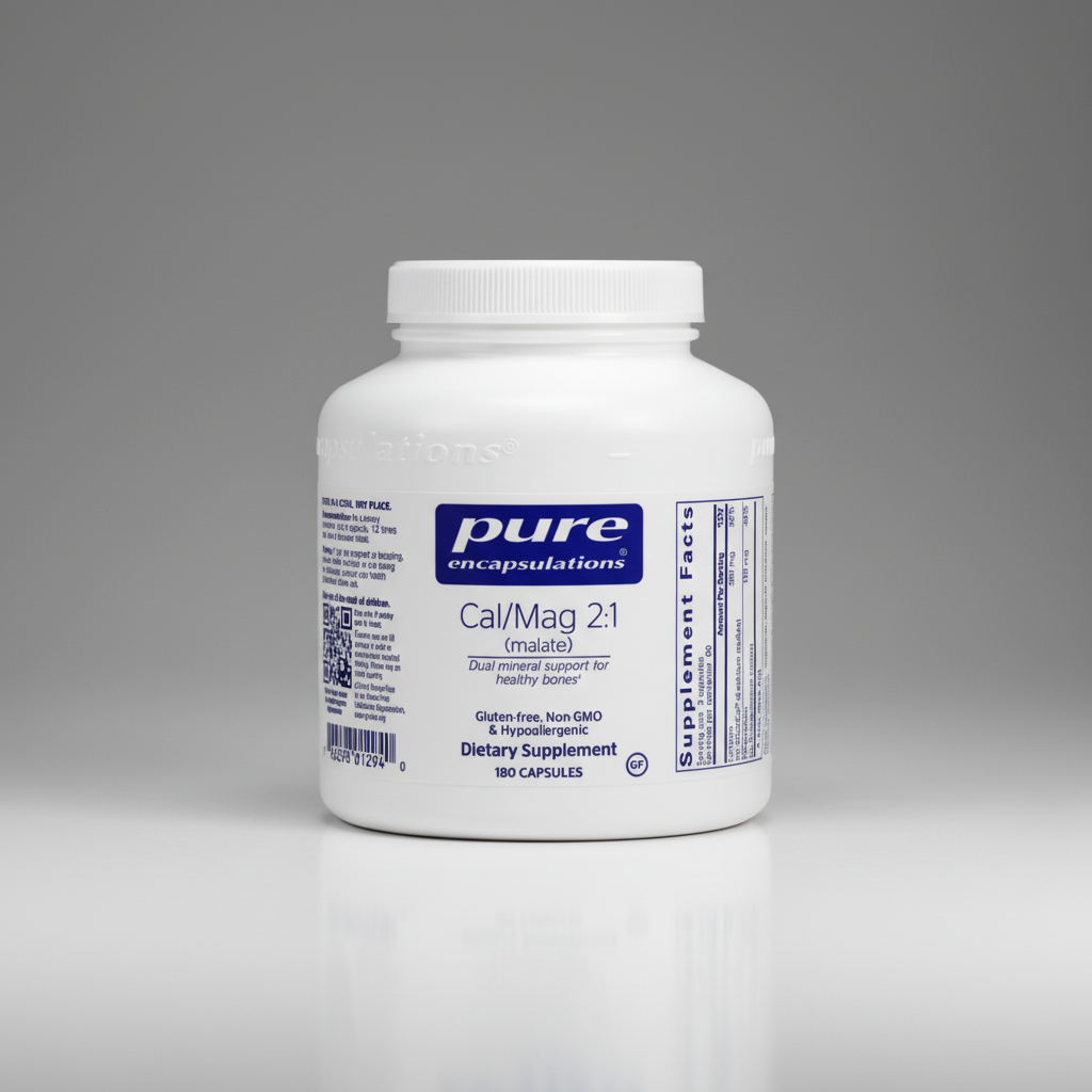 White supplement bottle labeled 'pure encapsulations Cal/Mag 2:1' on a white background