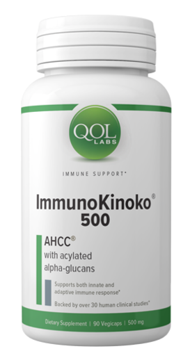 QOL Labs ImmunoKinoko 500 AHCC bottle, 90 vegetable capsules