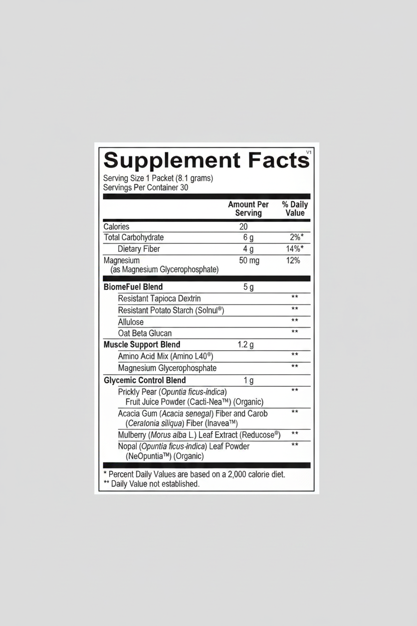 Supplement facts label for a BiomeFuel Blend product