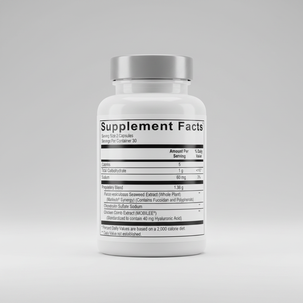 Supplement facts label with detailed nutritional information on a white background
