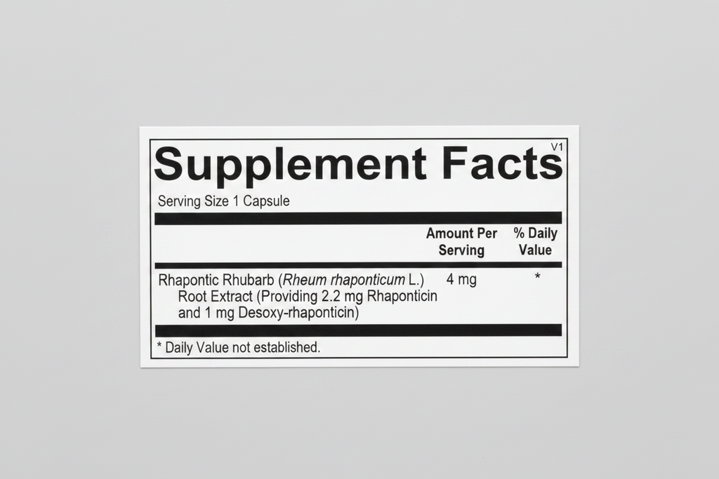 Supplement facts label for Rhapontic Rhubarb extract on a white background
