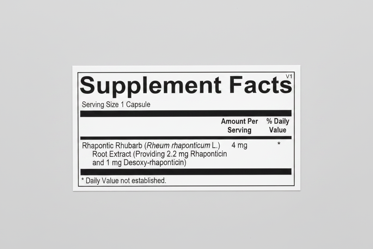 Supplement facts label for Rhapontic Rhubarb extract on a white background