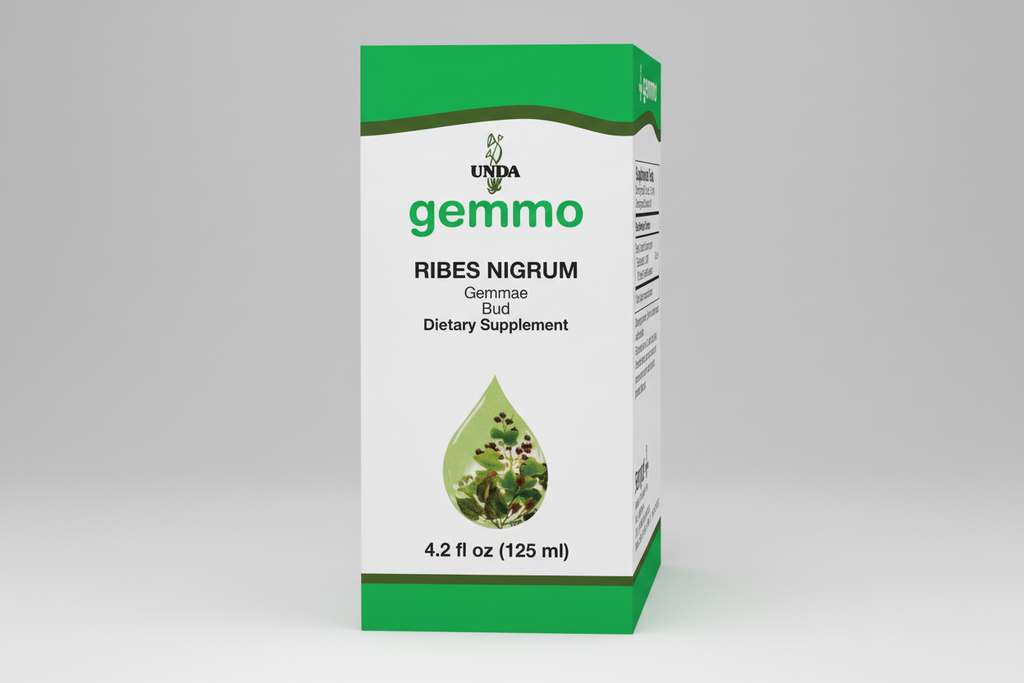 Dietary supplement packaging for Ribes Nigrum by Unda with green and white design.