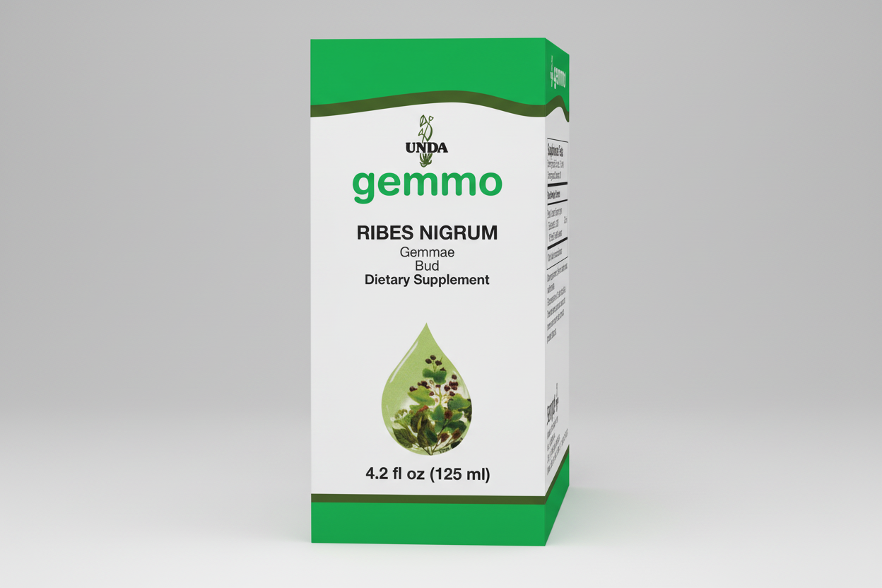 Dietary supplement packaging for Ribes Nigrum by Unda with green and white design.
