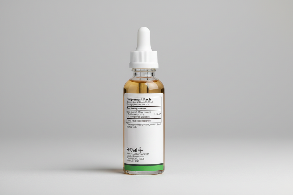 Supplement facts label for gemmo product by Seroyal with green and white design.