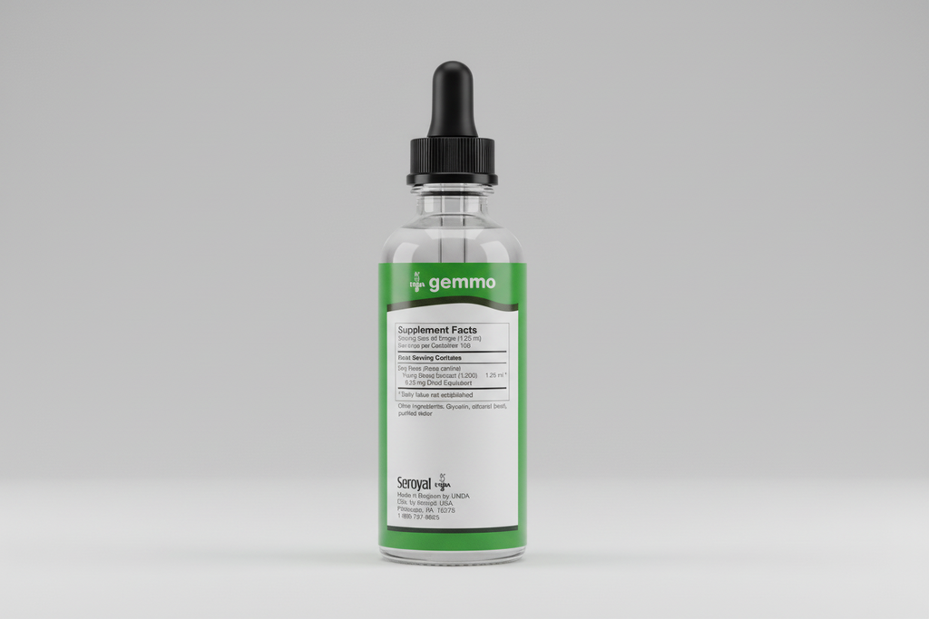 Supplement facts label for gemmo by Seroyal on a green and white background
