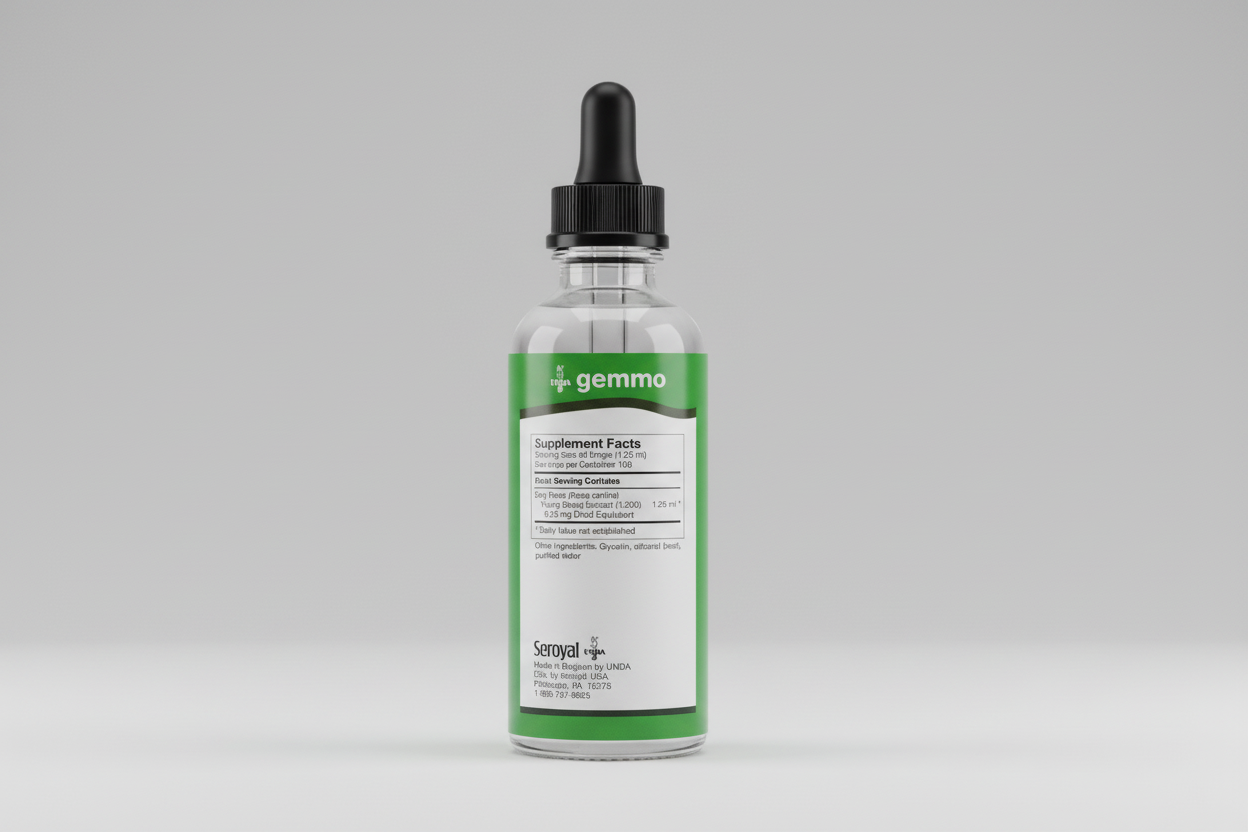 Supplement facts label for gemmo by Seroyal on a green and white background