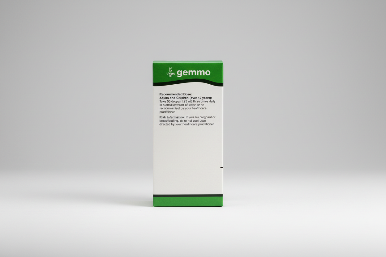 Gemmo product packaging with recommended dose and risk information on a white background