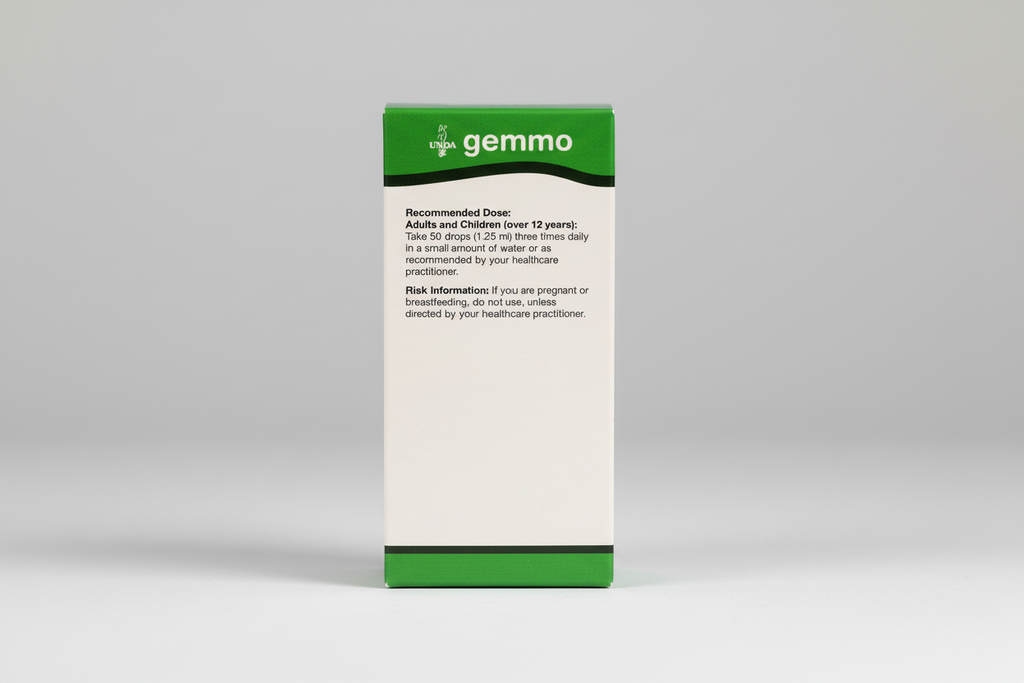 Gemmo UNPA product packaging with recommended dose and risk information on a white background