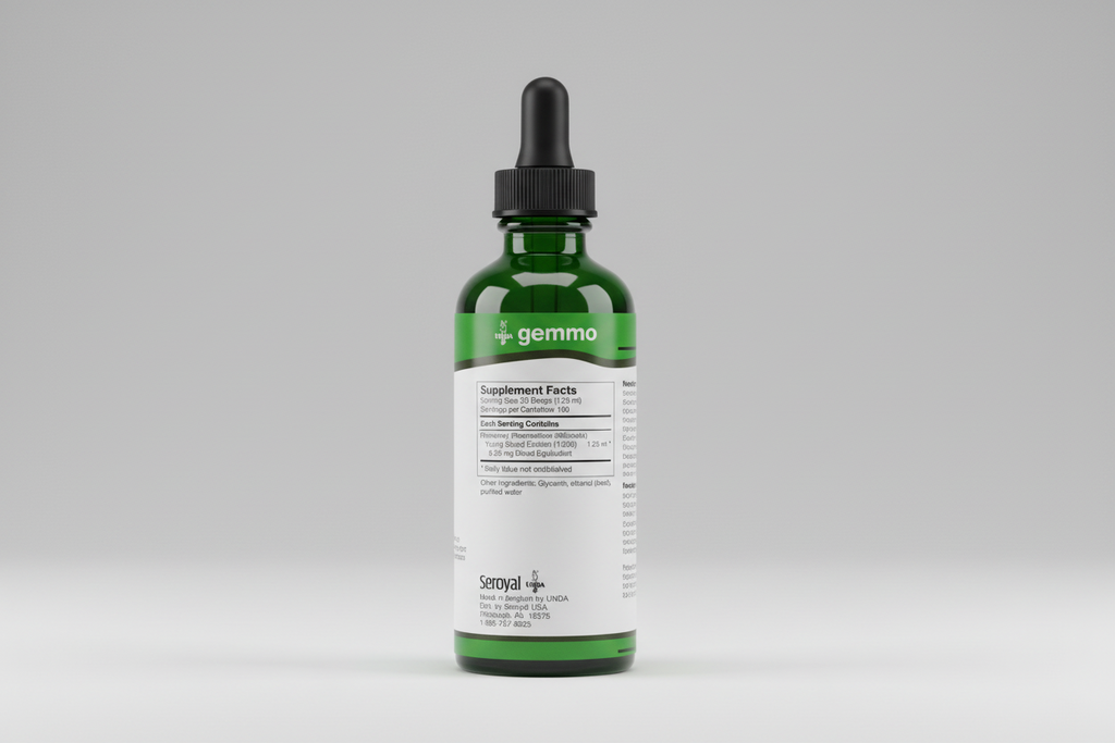 Supplement facts label for UNDA gemmo on a green and white background