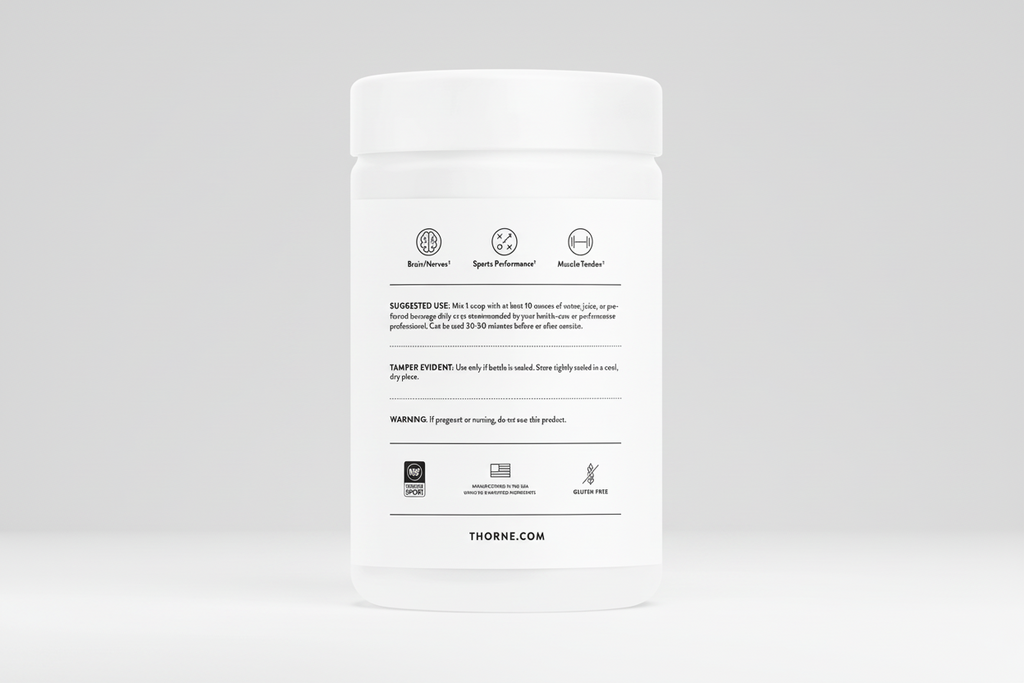 White supplement container with black text and Thorne logo on a white background