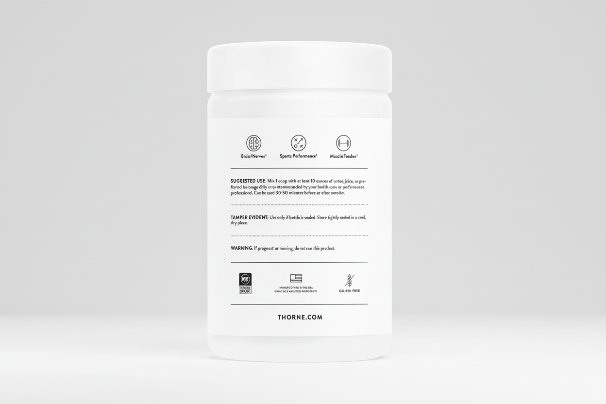 White supplement container with black text and Thorne logo on a white background