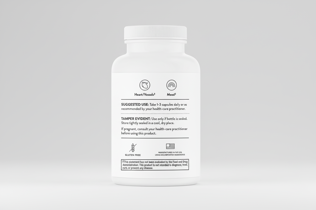 White supplement bottle with label on a black background