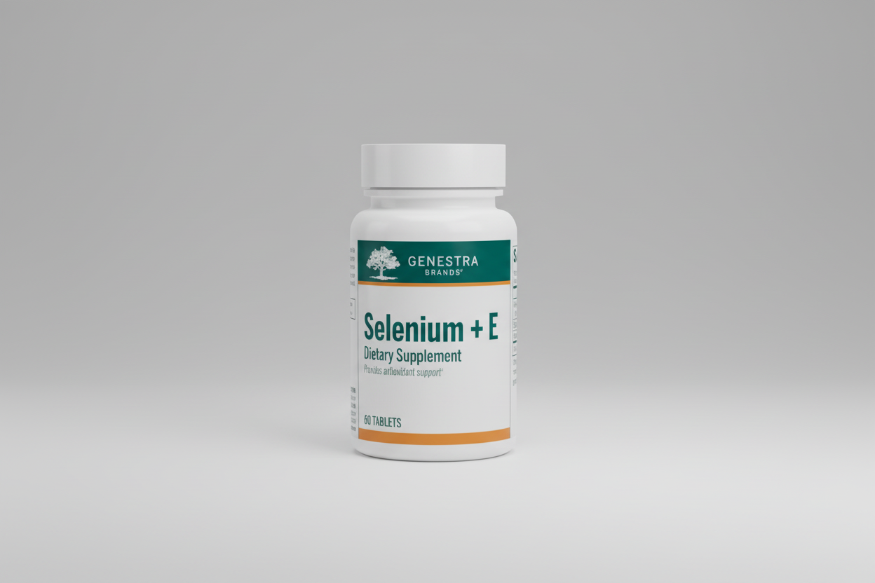 Genestra Selenium + E dietary supplement bottle on a white background
