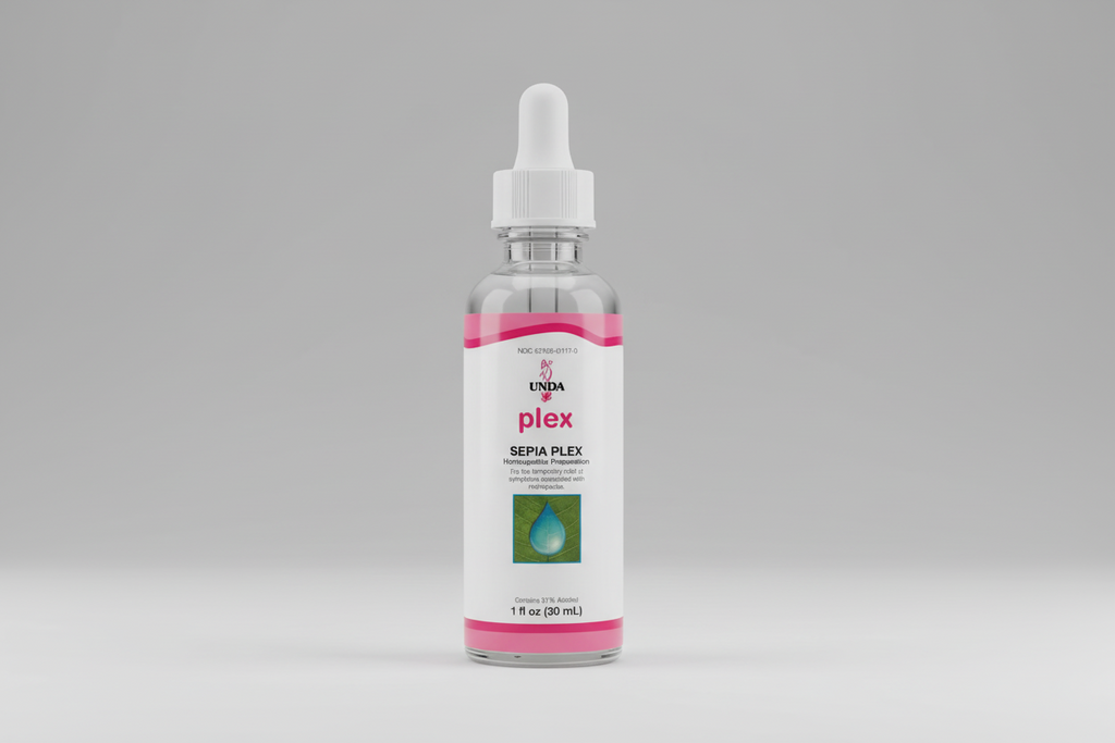 Unda Sepia Plex homeopathic preparation bottle with pink and white label.