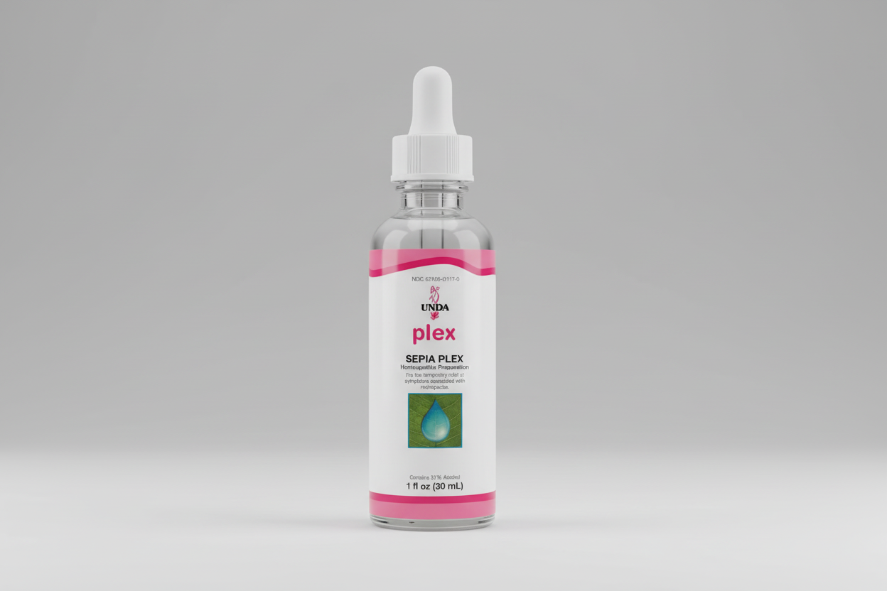 Unda Sepia Plex homeopathic preparation bottle with pink and white label.