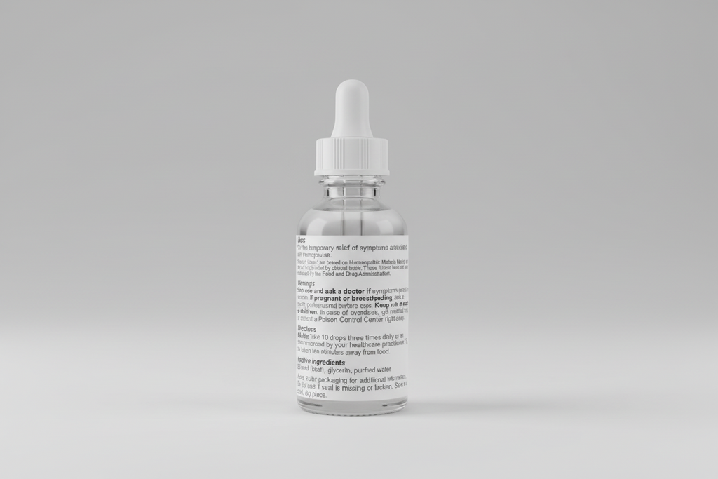 Product label with usage, warnings, and directions for a homeopathic remedy.