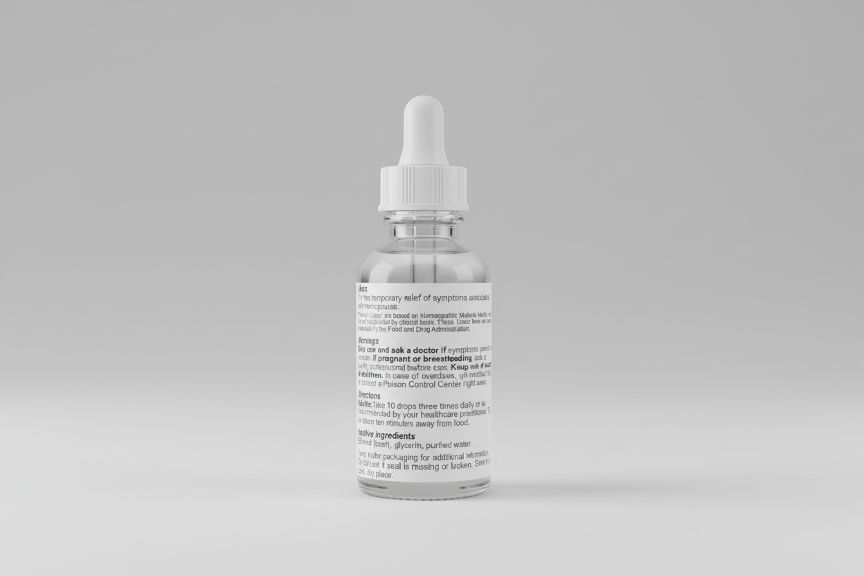 Product label with usage, warnings, and directions for a homeopathic remedy.