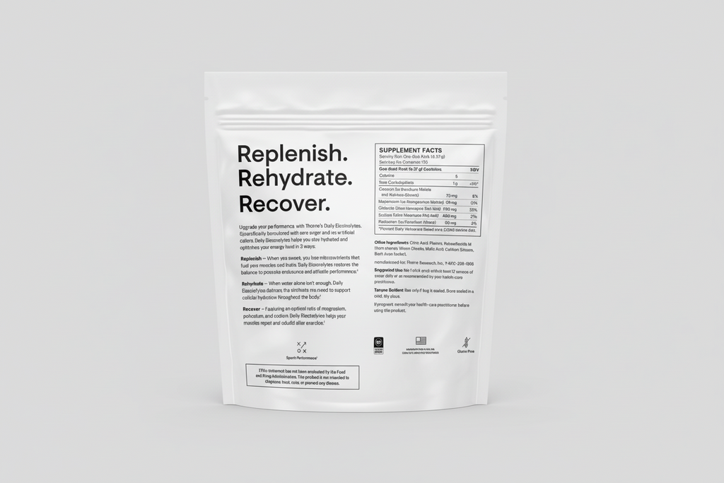 Supplement package with text 'Replenish. Rehydrate. Recover.' on a white background