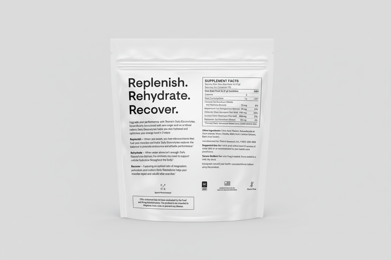 Supplement package with text 'Replenish. Rehydrate. Recover.' on a white background