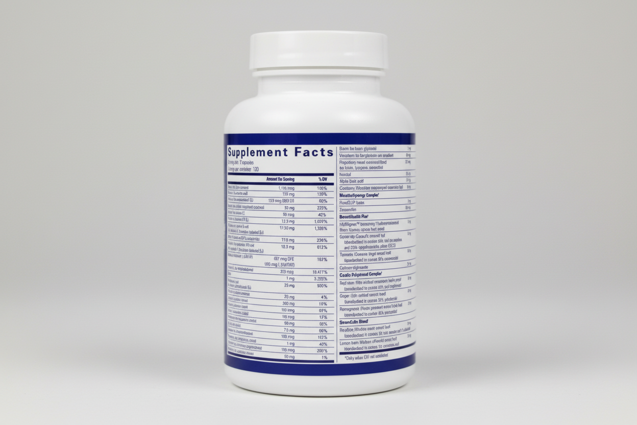 Supplement facts label with various nutrients listed on a white background