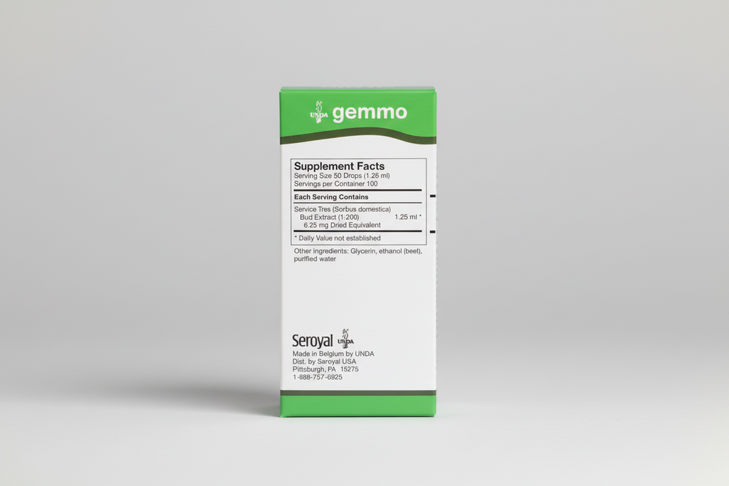 Gemma supplement facts label with UNDA and Seroyal branding on a white background