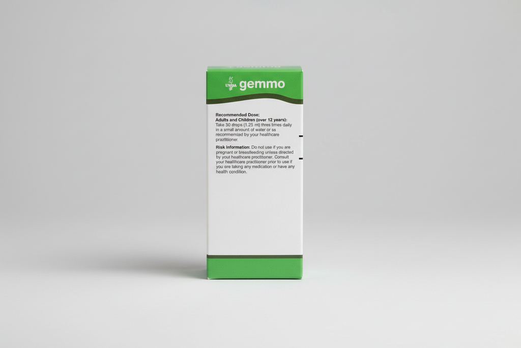 Gemmo supplement packaging with text on recommended dose and risk information.