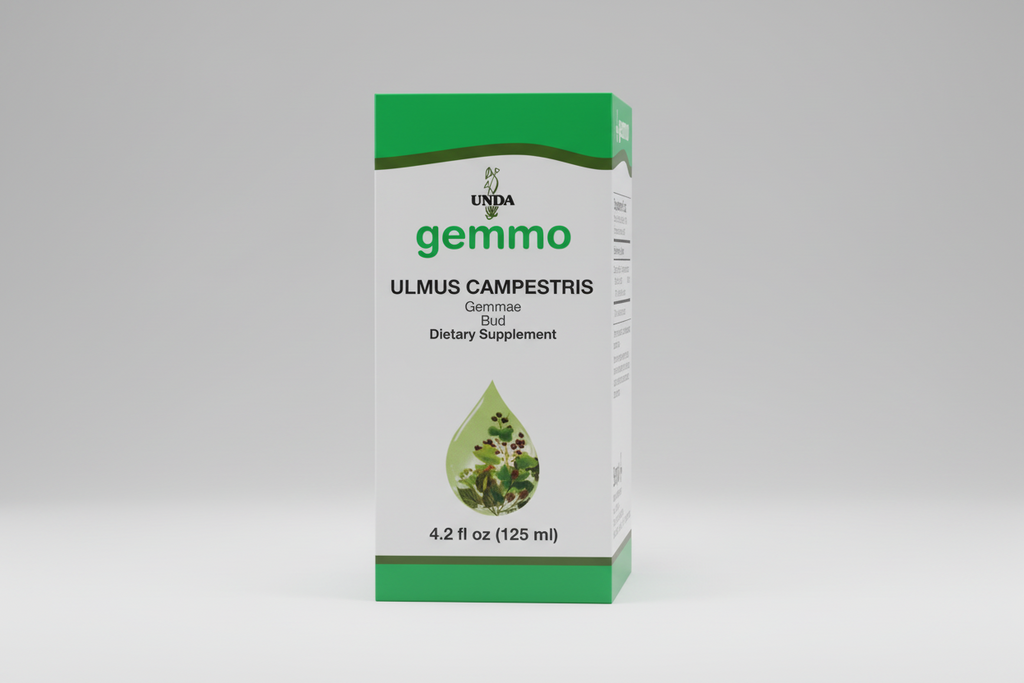 Dietary supplement packaging for Ulmus Campestris with UNDA branding.